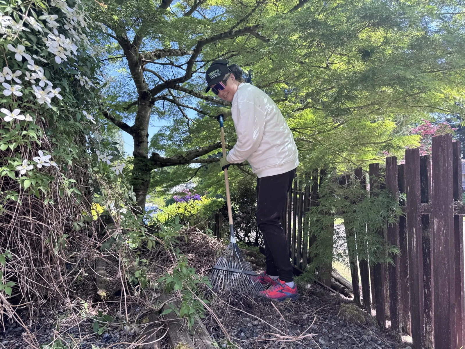 West Coast Landscaping team member raking debris from a garden bed during a Nanaimo spring cleanup